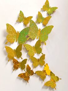 12 piezas Pegatina dorado holográfico con mariposa impermeable PVC decorativo para casa - Dorado - Ver 1