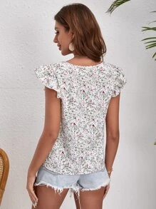 SHEIN LUNE Áo sơ mi nữ Cắt ra Xù Họa tiết hoa Boho - trắng - Xem 2