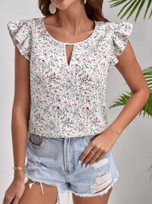 SHEIN LUNE Áo sơ mi nữ Cắt ra Xù Họa tiết hoa Boho - trắng - Xem 1