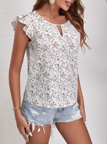 SHEIN LUNE Áo sơ mi nữ Cắt ra Xù Họa tiết hoa Boho - trắng - Xem 6