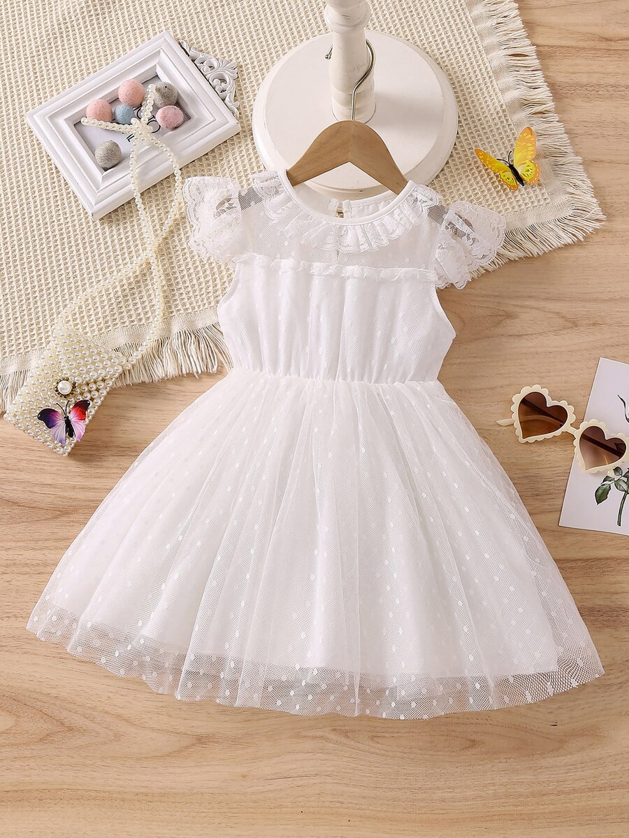SHEIN Vestido De Malla Blanco De Color Puro Para Niñas Jóvenes Con Cuello Redondo Y Mangas De Volantes Para Fiesta De Verano - Blanco - Ver 1