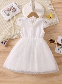 SHEIN Vestido De Malla Blanco De Color Puro Para Niñas Jóvenes Con Cuello Redondo Y Mangas De Volantes Para Fiesta De Verano - Blanco - Ver 2