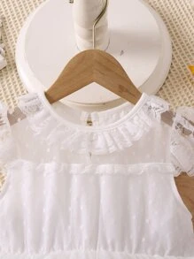 SHEIN Vestido De Malla Blanco De Color Puro Para Niñas Jóvenes Con Cuello Redondo Y Mangas De Volantes Para Fiesta De Verano - Blanco - Ver 3