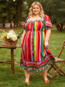 SHEIN CURVE+ Vestido con cinturón con estampado geométrico de rayas bajo con fruncido - Multicolor - Ver 7