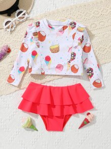 Ropa de playa de verano para niña bebé con gráfico de dibujos animados y volante en el dobladillo - Multicolor - Ver 1