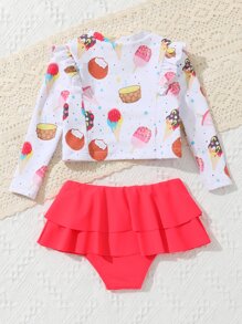 Ropa de playa de verano para niña bebé con gráfico de dibujos animados y volante en el dobladillo - Multicolor - Ver 2