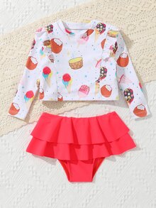 Ropa de playa de verano para niña bebé con gráfico de dibujos animados y volante en el dobladillo - Multicolor - Ver 3