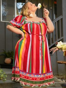 SHEIN CURVE+ Vestido con cinturón con estampado geométrico de rayas bajo con fruncido - Multicolor - Ver 5