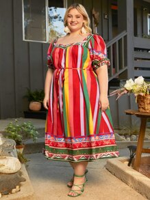 SHEIN CURVE+ Vestido con cinturón con estampado geométrico de rayas bajo con fruncido - Multicolor - Ver 6