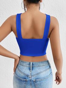 SHEIN BAE 素色短款寬背帶上衣 - 藍色 - 查看 2