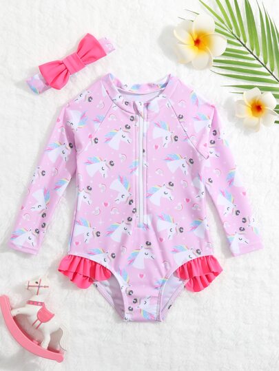 Baby Unicorn Print Zipper Front Ruffle Trim One Piece Swimsuit With Headband