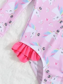 嬰兒獨角獸印花前拉鍊荷葉邊連體泳衣附髮帶 - 粉色 - 查看 3