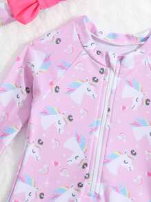 嬰兒獨角獸印花前拉鍊荷葉邊連體泳衣附髮帶 - 粉色 - 查看 4