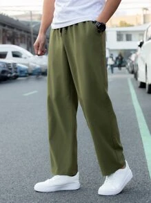 Manfinity Hypemode Hombres Pantalones rectos unicolor de cintura con cordón - Verde militar - Ver 1