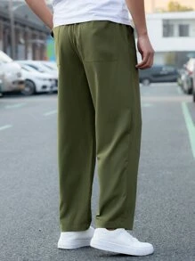 Manfinity Hypemode Hombres Pantalones rectos unicolor de cintura con cordón - Verde militar - Ver 2