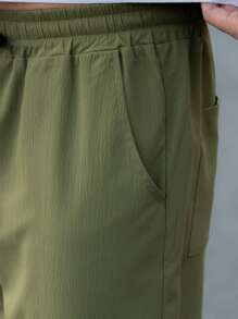 Manfinity Hypemode Hombres Pantalones rectos unicolor de cintura con cordón - Verde militar - Ver 3