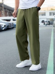 Manfinity Hypemode Hombres Pantalones rectos unicolor de cintura con cordón - Verde militar - Ver 6