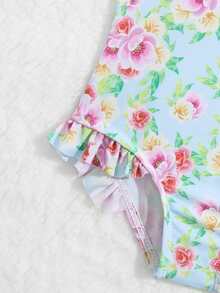 Baby Floral Print Ruffle Trim One Piece Swimsuit With Headband - Multicolor - View 3