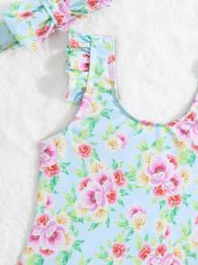 Baby Floral Print Ruffle Trim One Piece Swimsuit With Headband - Multicolor - View 5
