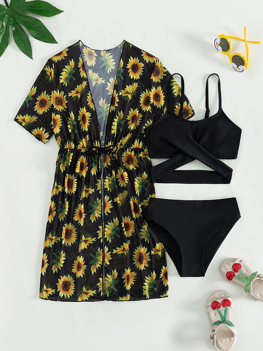 少女向日葵交叉印花比基尼套装和和服夏日海滩