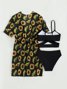少女向日葵交叉印花比基尼套装和和服夏日海滩
