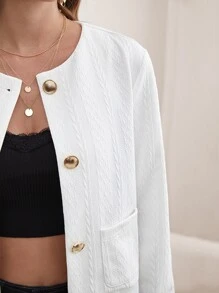 SHEIN Frenchy Button Front Pocket Patched Crop Jacket - White - View 3