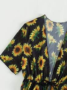 少女向日葵交叉印花比基尼套装和和服夏日海滩