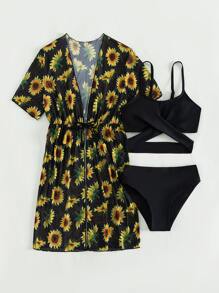 少女向日葵交叉印花比基尼套装和和服夏日海滩