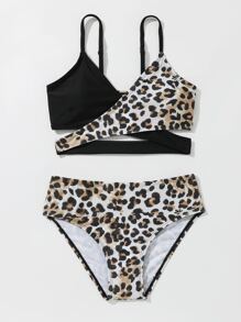 Tween Girl 豹纹裹身比基尼套装 夏日海滩 - 彩色 - 查看 1