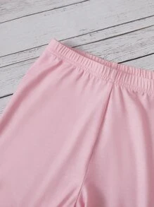 SHEIN Chicas Conjunto de pijama con estampado de rayas & de dibujos animados ribete con fruncido - Rosa - Ver 4