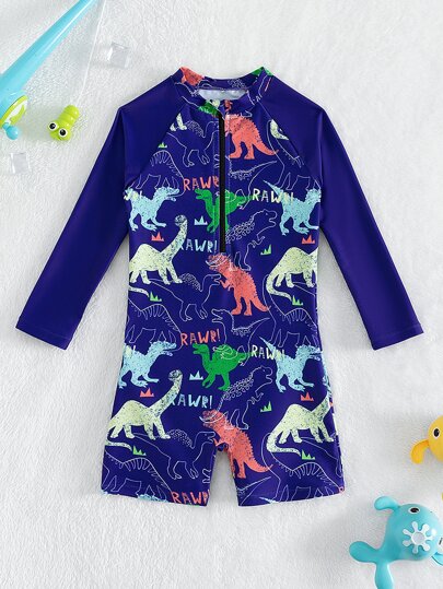 Traje De Baño De Una Pieza Con Estampado De Dinosaurio En Toda La Superficie Con Cierre Frontal Con Cremallera Para Niños Jóvenes