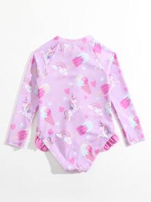 Young Girl Unicorn Print Zipper Front Ruffle Trim One Piece Swimsuit - Lilac Purple - View 2