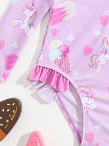 Young Girl Unicorn Print Zipper Front Ruffle Trim One Piece Swimsuit - Lilac Purple - View 3