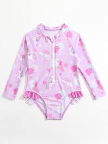 Young Girl Unicorn Print Zipper Front Ruffle Trim One Piece Swimsuit - Lilac Purple - View 5