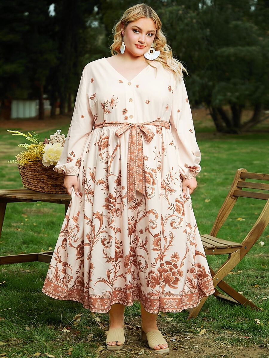 SHEIN CURVE+ Plus Floral Print Belted Dress - Apricot - View 1