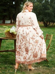 SHEIN CURVE+ Plus Floral Print Belted Dress - Apricot - View 2
