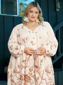 SHEIN CURVE+ Plus Floral Print Belted Dress - Apricot - View 4