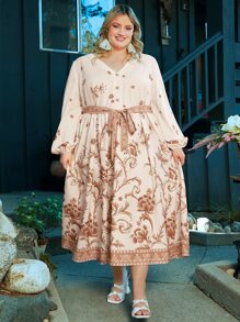 SHEIN CURVE+ Plus Floral Print Belted Dress - Apricot - View 5