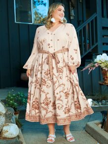 SHEIN CURVE+ Plus Floral Print Belted Dress - Apricot - View 6