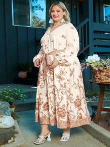 SHEIN CURVE+ Plus Floral Print Belted Dress - Apricot - View 7