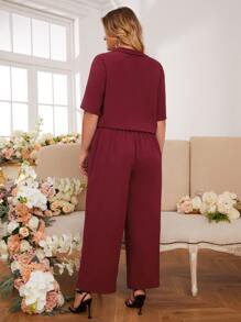 SHEIN Frenchy Plus Lapel Collar Button Front Blouse & Knot Front Wide Leg Trousers - Burgundy - View 4