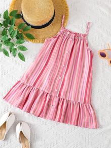 Niñitas Vestido de tirantes de rayas bajo con fruncido - Rosa - Ver 1