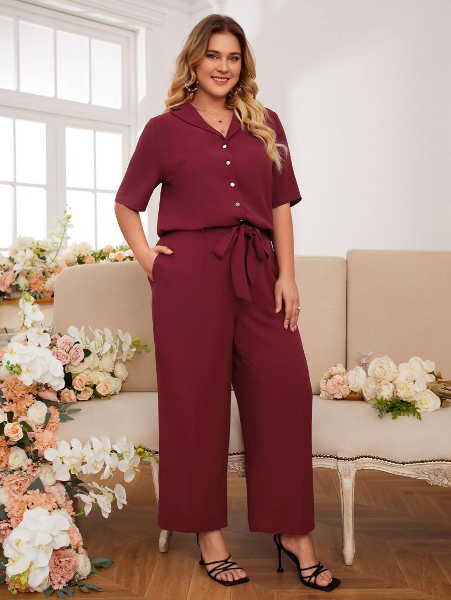 SHEIN Frenchy Plus Lapel Collar Button Front Blouse & Knot Front Wide Leg Trousers - Burgundy - View 1