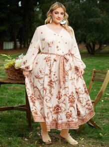 SHEIN CURVE+ Plus Floral Print Belted Dress - Apricot - View 8