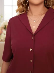 SHEIN Frenchy Plus Lapel Collar Button Front Blouse & Knot Front Wide Leg Trousers - Burgundy - View 2