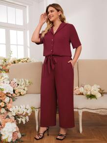 SHEIN Frenchy Plus Lapel Collar Button Front Blouse & Knot Front Wide Leg Trousers - Burgundy - View 5
