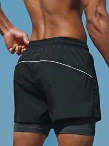 Manfinity 1 Miếng Lỏng lẻo Nam Eo dây rút Quần short Với Contrast Piping - màu đen - Xem 2