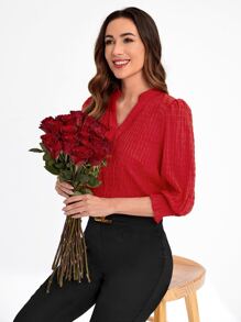EMERY ROSE Blusa de cuello notch de manga farol - Rojo - Ver 5