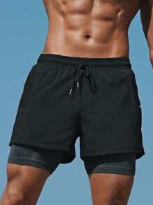 Manfinity 1 Miếng Lỏng lẻo Nam Eo dây rút Quần short Với Contrast Piping - màu đen - Xem 6