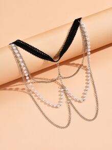 Faux Pearl Decor Thigh Chain - Silver - View 2